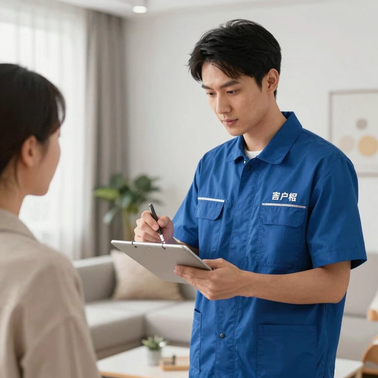 A technician in a branded uniform explaining a maintenance checklist to a resident in a bright, modern living room.