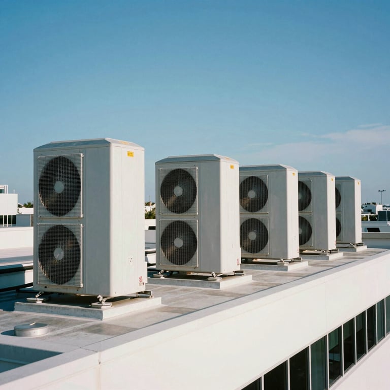 A modern office building roof in Miami featuring a series of well-maintained industrial HVAC units under a clear blue sky.