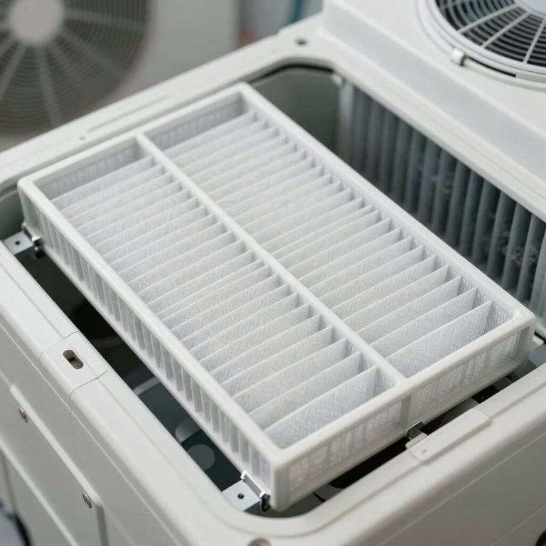 Detailed shot of clean air filters being placed into a modern HVAC unit, emphasizing indoor air quality, bright lighting.