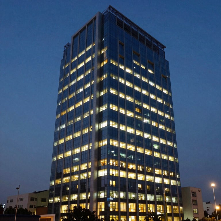 A modern office building in the business district of Ahmedabad, India, at dusk with glowing windows and dark blue sky.