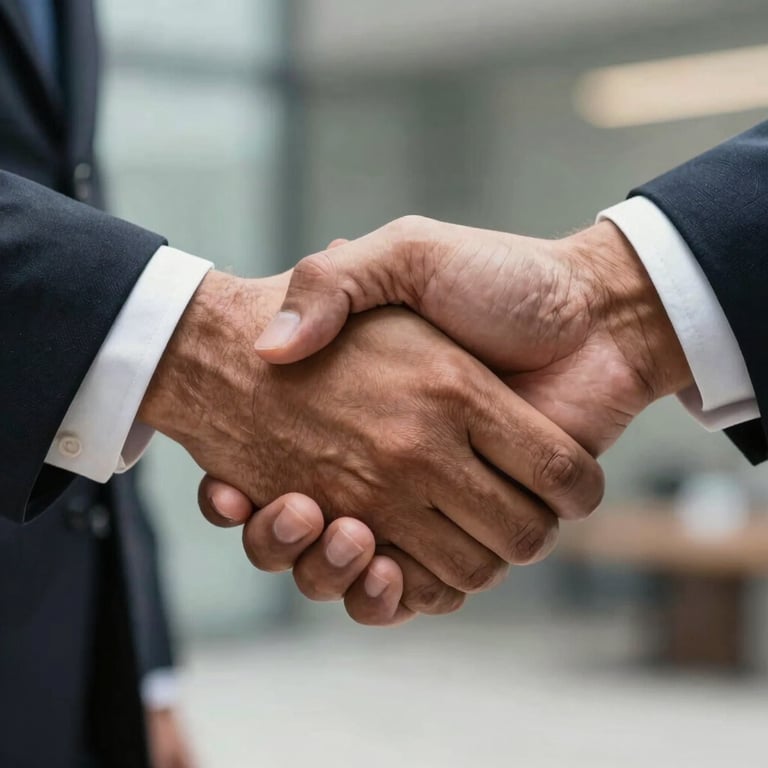 A close-up of a professional handshake in a corporate setting in India, representing a successful international partnership.