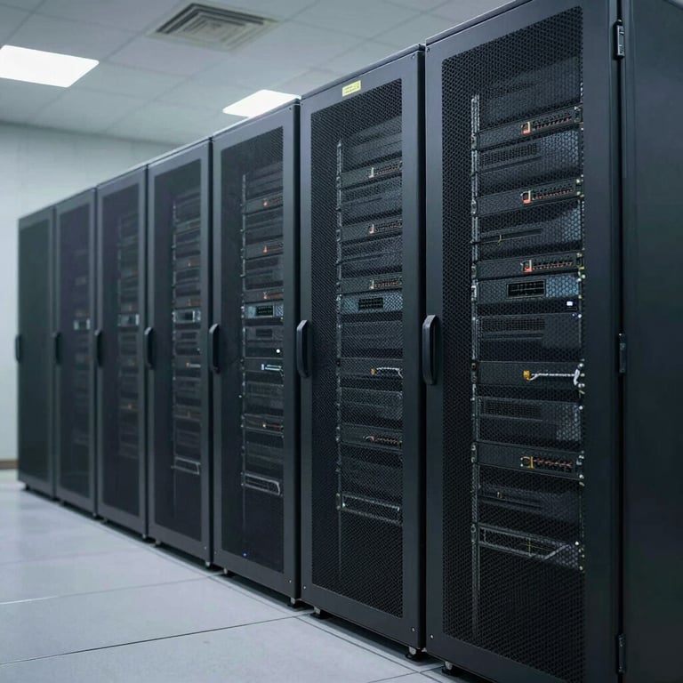 A row of modern computer servers in a clean, temperature-controlled data center in Ahmedabad.