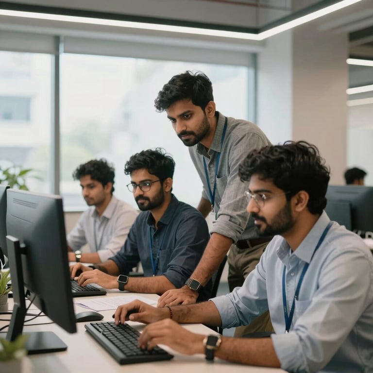 Collaborative workspace in India where tech teams work together in a bright, modern, and professional environment.