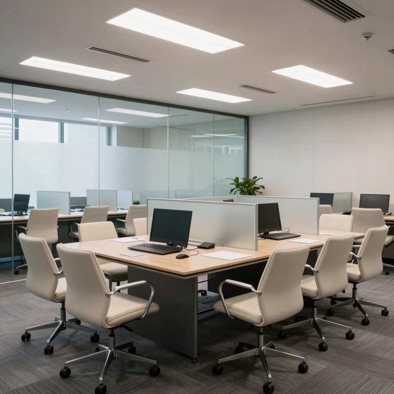 A bright conference room in an Indian IT hub featuring glass partitions and professional off-white furniture.