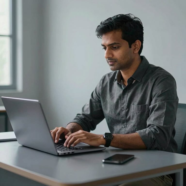 A South Asian / Indian software developer working at a sleek, grey-blue desk with a high-end laptop.