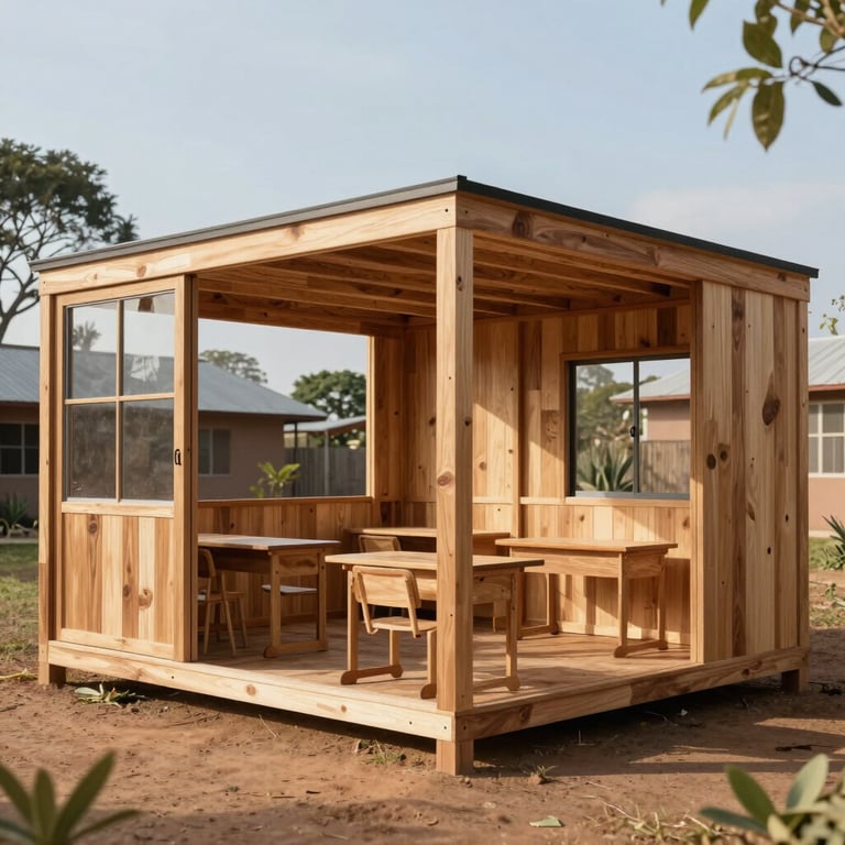 A modular timber classroom structure in a bright African setting with modern finishes and robust build quality.