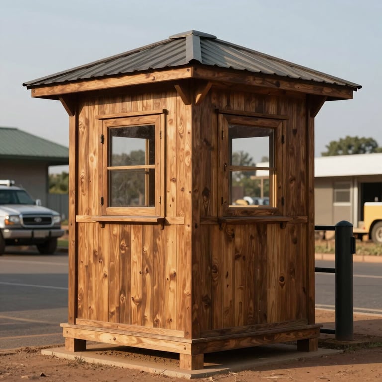 A sturdy wooden guard hut installed at a professional commercial site entrance in South Africa.