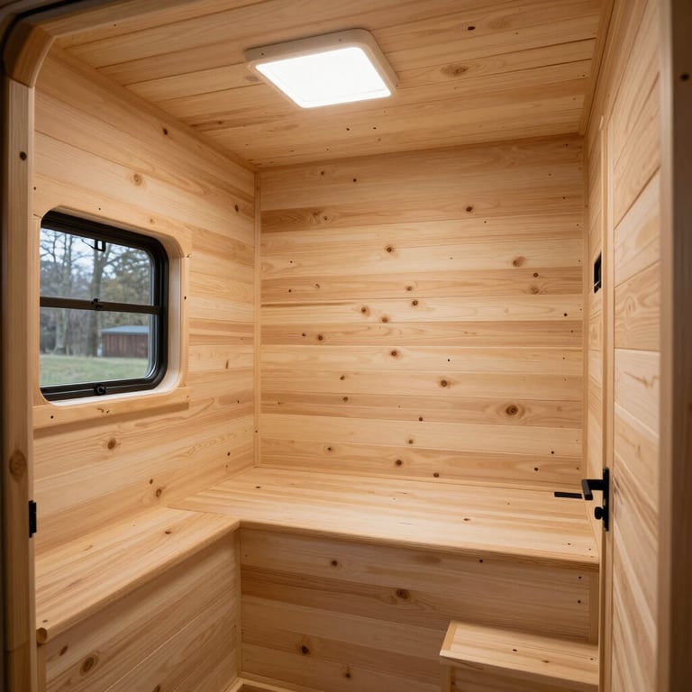 Interior shot of a customizable wooden cabin with modern lighting and warm beige wood walls, showing quality finish.
