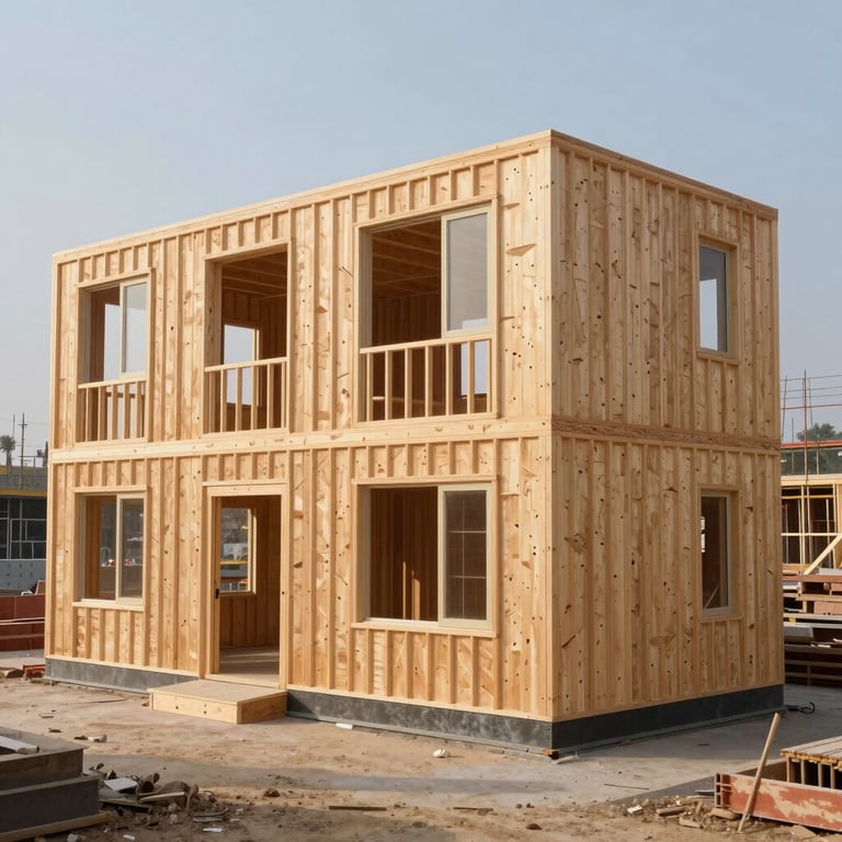 A large-scale modular site office on a construction site, showcasing the strength of timber construction.