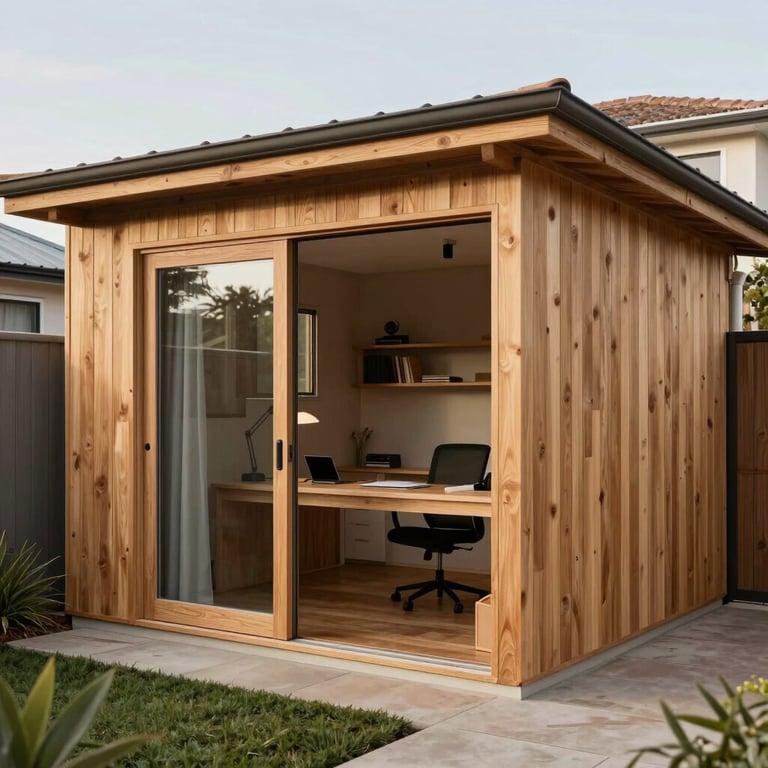 A high-quality Wendy house used as a backyard home office in a South African residential suburb, featuring light tan wood.