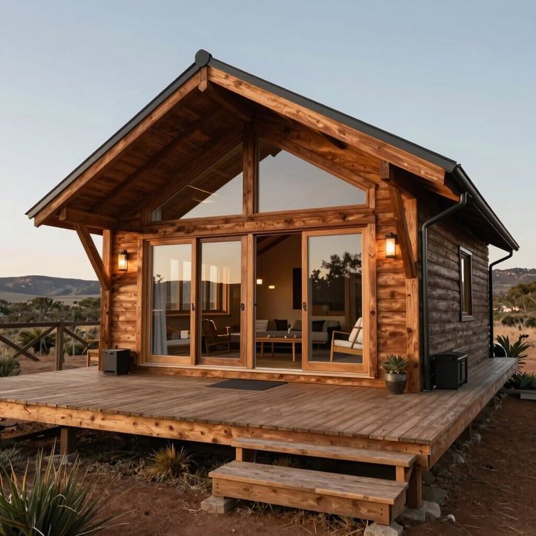 A luxurious timber cabin used for holiday accommodation in the South African highveld, featuring a wide deck.