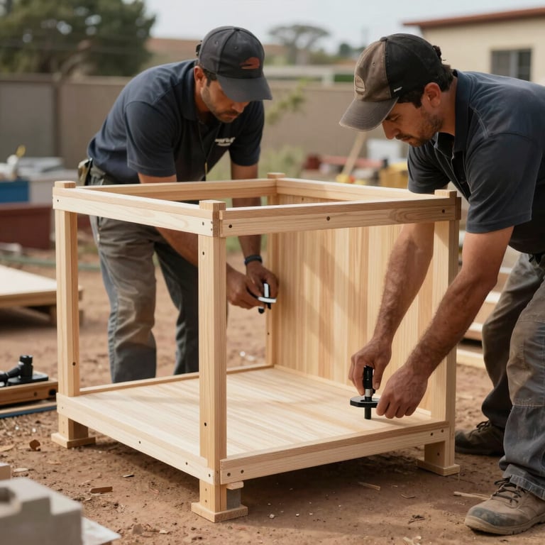 Professional installation team on a South African site assembling a modular timber unit with precision.