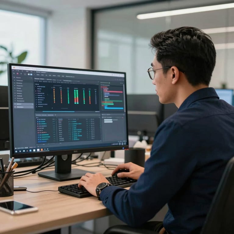 Seorang profesional Indonesia sedang mempresentasikan strategi digital di layar monitor besar dalam kantor modern bertema navy.