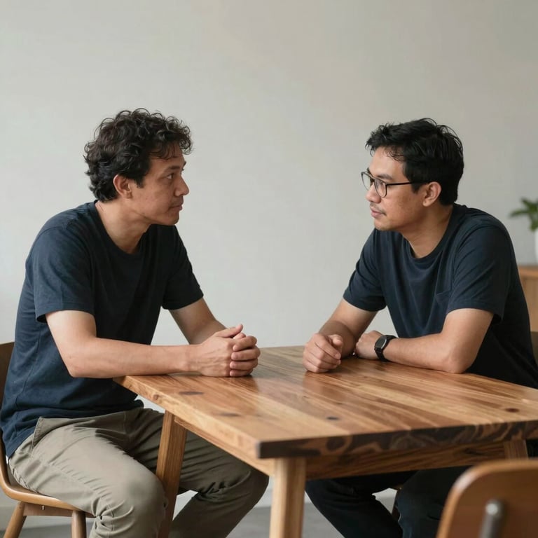 Tim kolaboratif pengusaha Indonesia sedang mendiskusikan rencana bisnis di meja kayu minimalis.