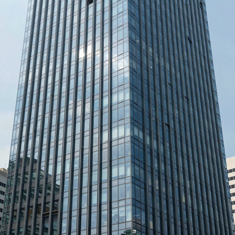 Gedung perkantoran bertingkat tinggi di Jakarta dengan pantulan langit biru pada dinding kacanya.