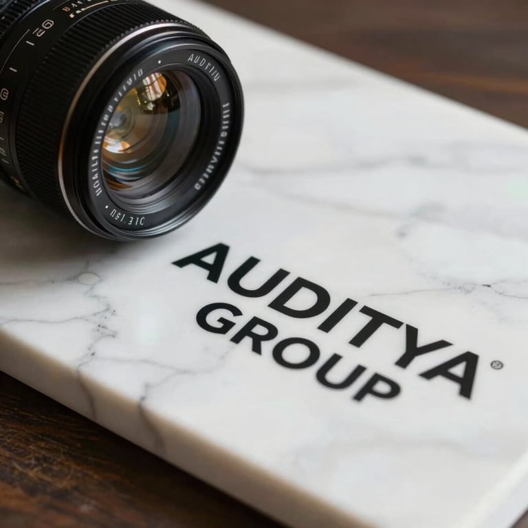 Kartu nama eksklusif bertuliskan AUDITYA GROUP di atas meja marmer putih yang bersih.