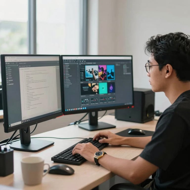 Seorang pengembang web Indonesia sedang bekerja dengan beberapa monitor dalam studio desain yang terang.