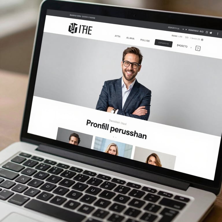 Close-up laptop yang menampilkan desain website profil perusahaan yang bersih dan profesional.