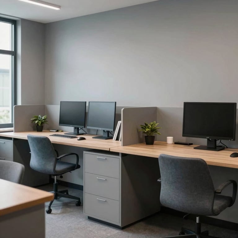 Fasilitas ruang kerja bersama yang modern dengan furniture minimalis berwarna abu-abu dan biru tua.