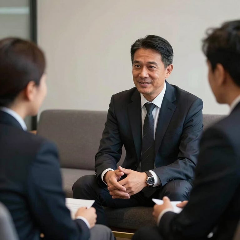 Diskusi strategis antara konsultan bisnis dan klien di ruangan yang nyaman namun formal.