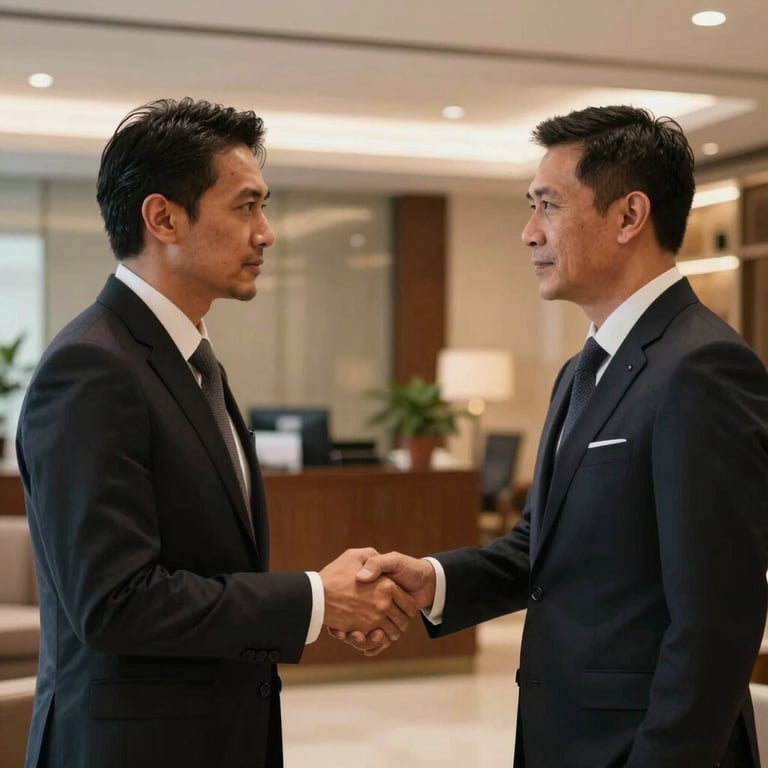 Jabat tangan profesional antara dua pebisnis di lobi kantor yang elegan dengan pencahayaan hangat.