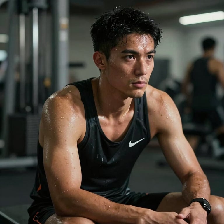 Portrait of a determined athlete resting between sets, sweat visible, high-performance dramatic lighting, Global / Spanish-speaking.