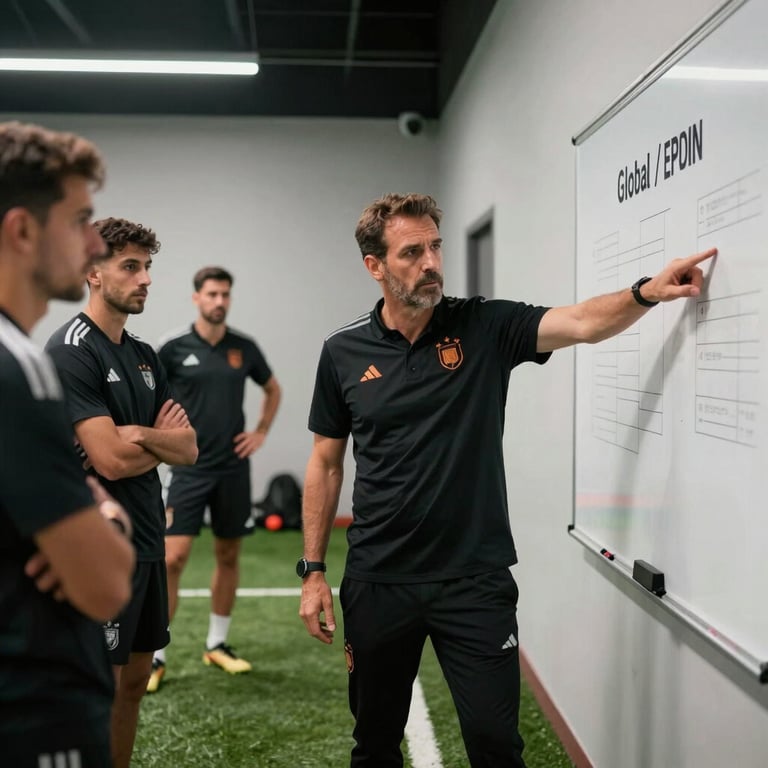 A tactical session in a soccer training room, coach pointing at a board, modern professional setting, Global / Spanish-speaking.