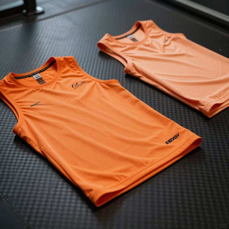 Detail shot of Energy Orange and Light Orange athletic gear on a polished Carbon Black floor, sleek and professional atmosphere, Global / Spanish-speaking.