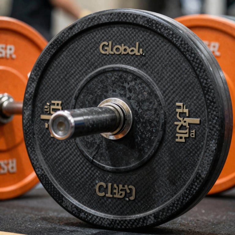 Close-up of professional weightlifting plates in Carbon Black and Energy Orange, sophisticated athletic texture, Global / Spanish-speaking.