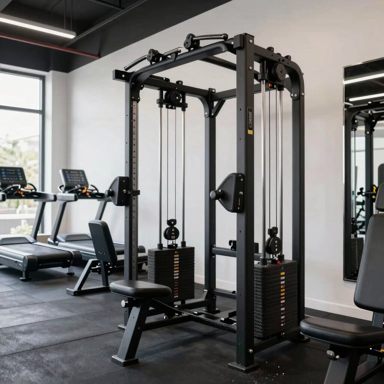 Interior of a high-tech gym with Carbon Black equipment and Smoke White walls, bright natural lighting, professional fitness vibe, Global / Spanish-speaking.