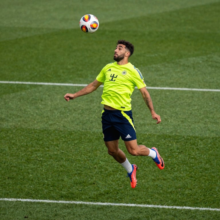 A soccer player in mid-air header during intense training, Performance Green turf background, bright Energetic Lime highlights, Global / Spanish-speaking.