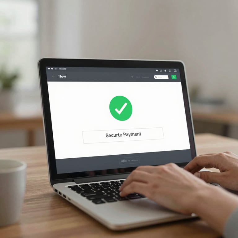 A close-up of hands typing on a laptop showing a secure payment confirmation with a green checkmark.