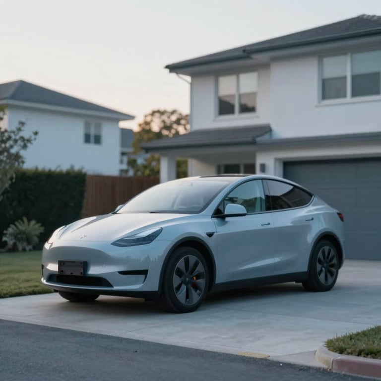 A modern car parked safely in a residential driveway, soft morning light, minimalist corporate style using #1E3A8A tones.