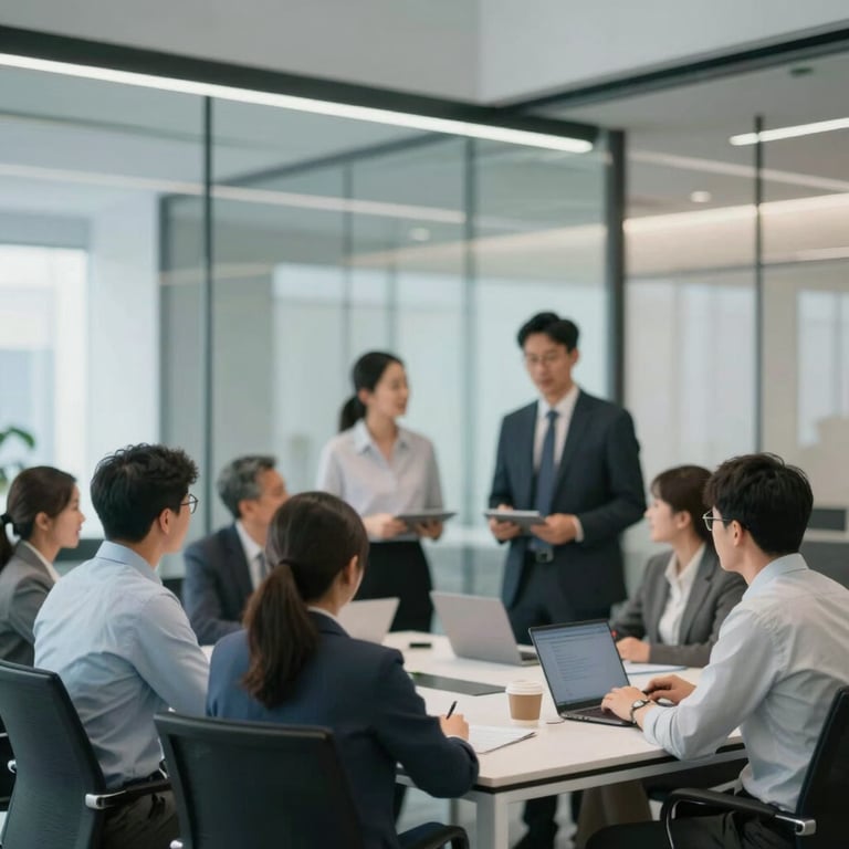 A group of corporate employees in a modern glass-walled office, collaborative and secure atmosphere.