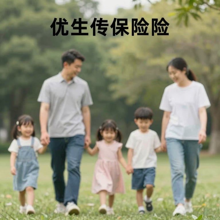 A family walking happily in a park, blurred background, symbolizing life insurance and total peace of mind.