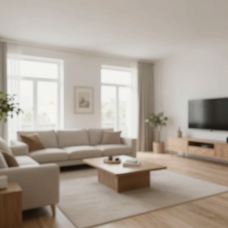 A cozy, modern living room protected from hazards, clean architectural lines, bright and airy feel.