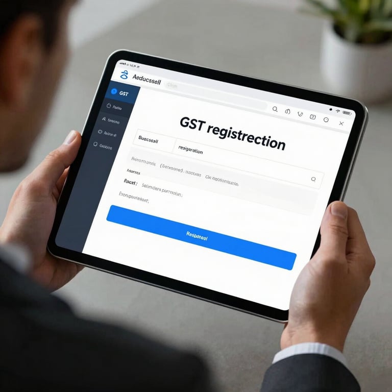 A modern, fast-loading digital interface showing successful GST registration on a tablet screen, held by a professional in a business suit.