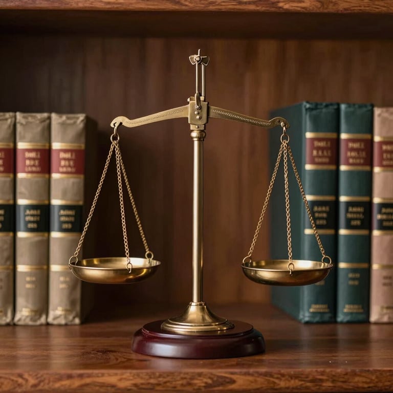 Artistic shot of a classic legal scale of justice on a mahogany shelf, surrounded by professional law books and warm lighting.