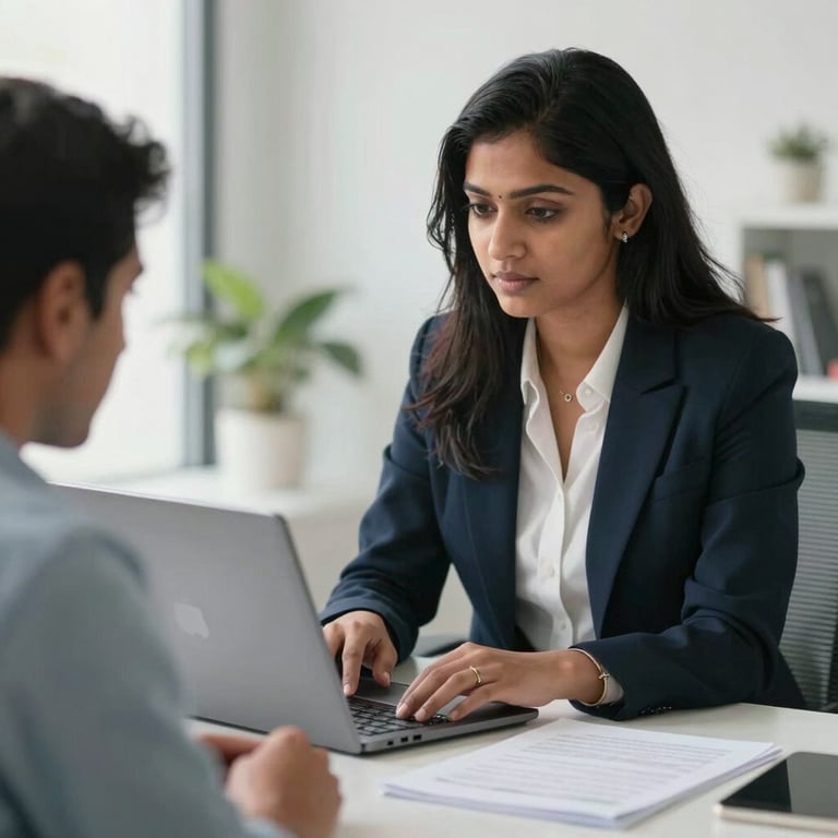 A South Asian woman in professional attire assisting a client with digital document processing in a bright, modern office space.
