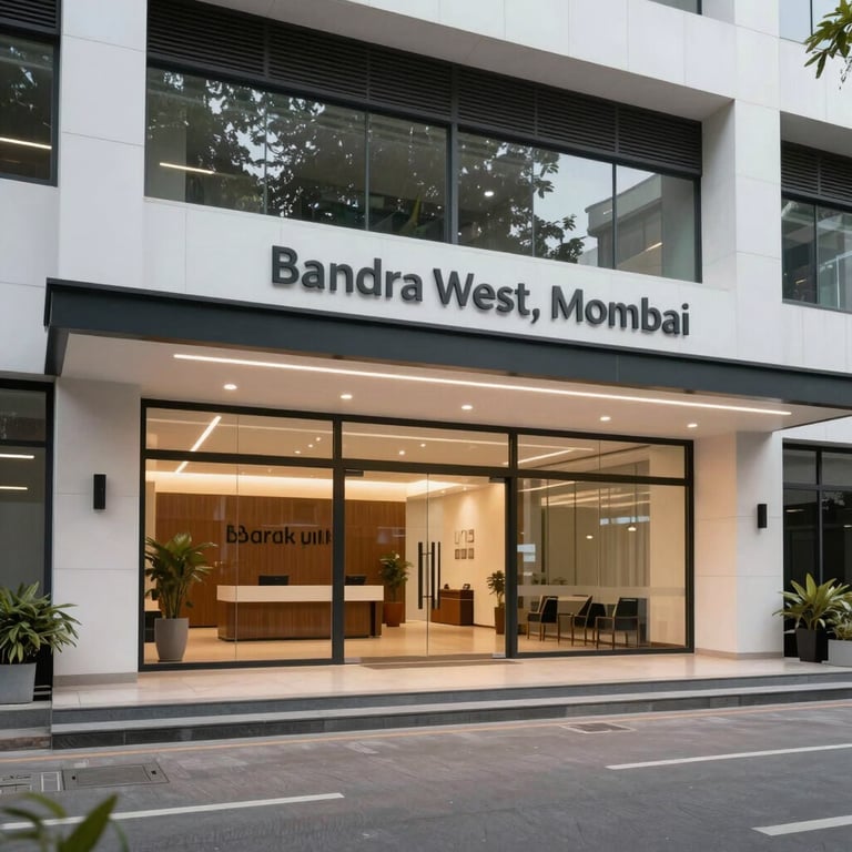 A wide shot of a premium, modern office entrance in Bandra West, Mumbai, showcasing clean architecture and professional branding.