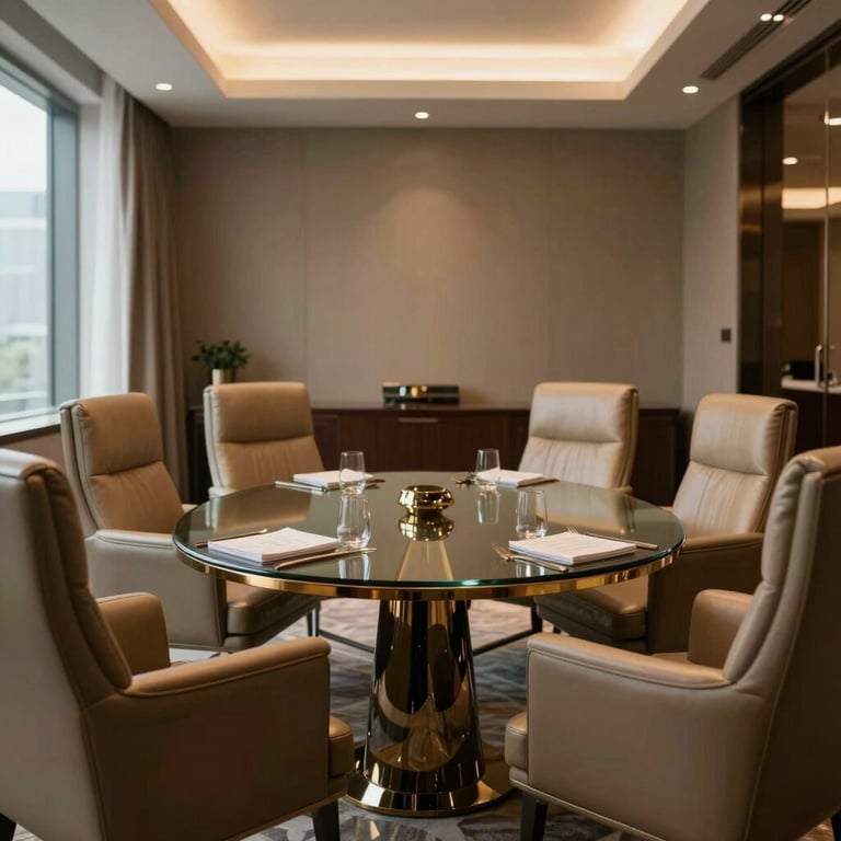 A luxury meeting room in a Mumbai corporate building with elegant leather chairs and a glass table reflecting soft golden light.