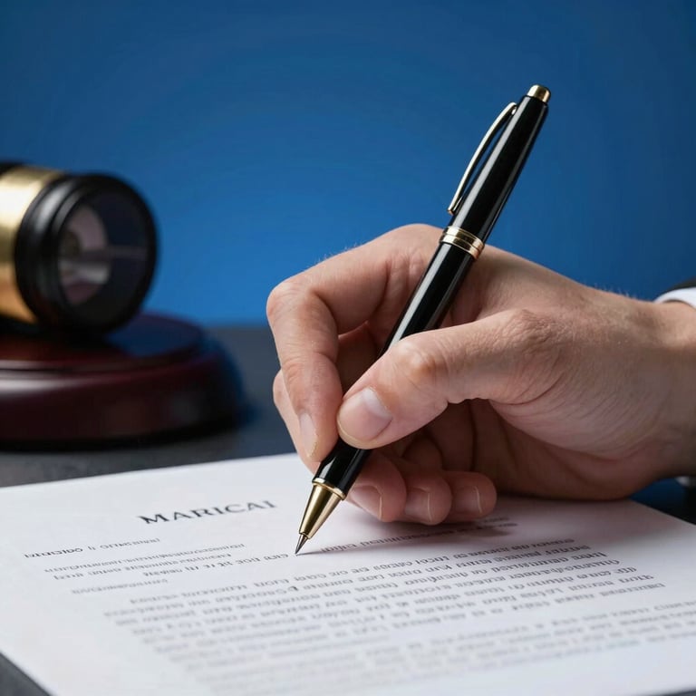 Close-up of a legal professional's hand signing an official document with a high-quality pen, set against a royal blue background.