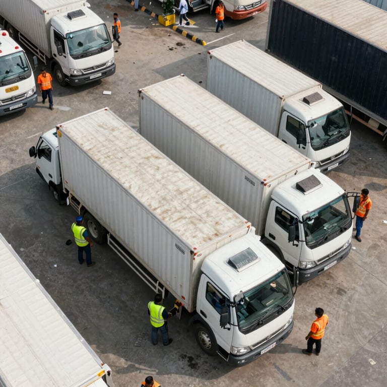 An aerial view of an organized distribution center with several logistics vehicles and workers in a South Asian setting.