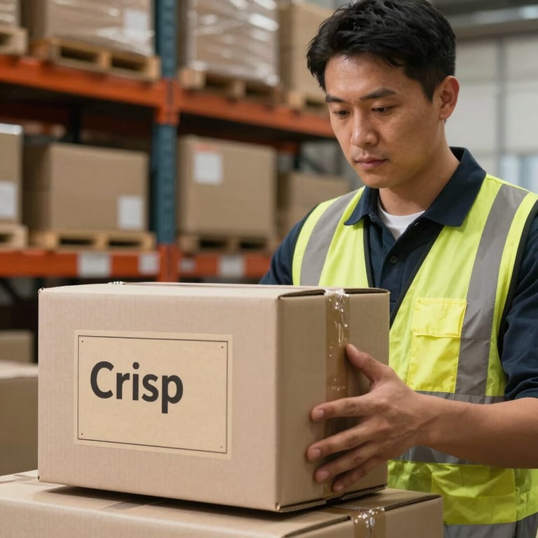 A logistics professional in a warehouse setting checking a shipment box with a Crisp Parchment colored label.