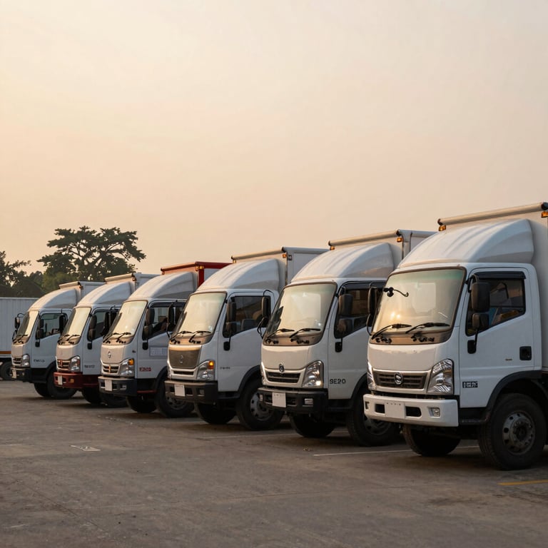 A row of well-maintained delivery trucks parked neatly at a logistics hub in Bangladesh during sunset.