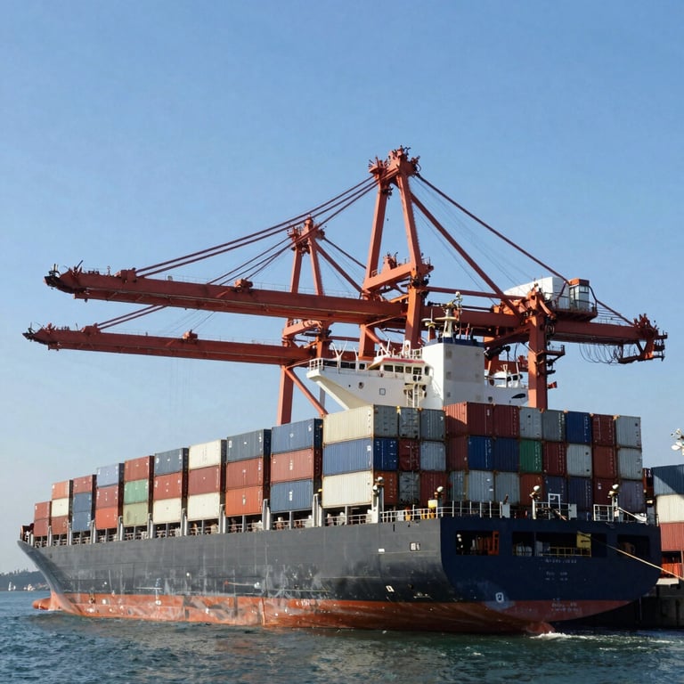 A large container ship docked at a bustling South Asian port under a clear blue sky, showing maritime logistics at scale.