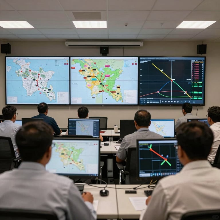 A behind-the-scenes shot of a coordination room with maps of Bangladesh and digital tracking screens showing transport routes.