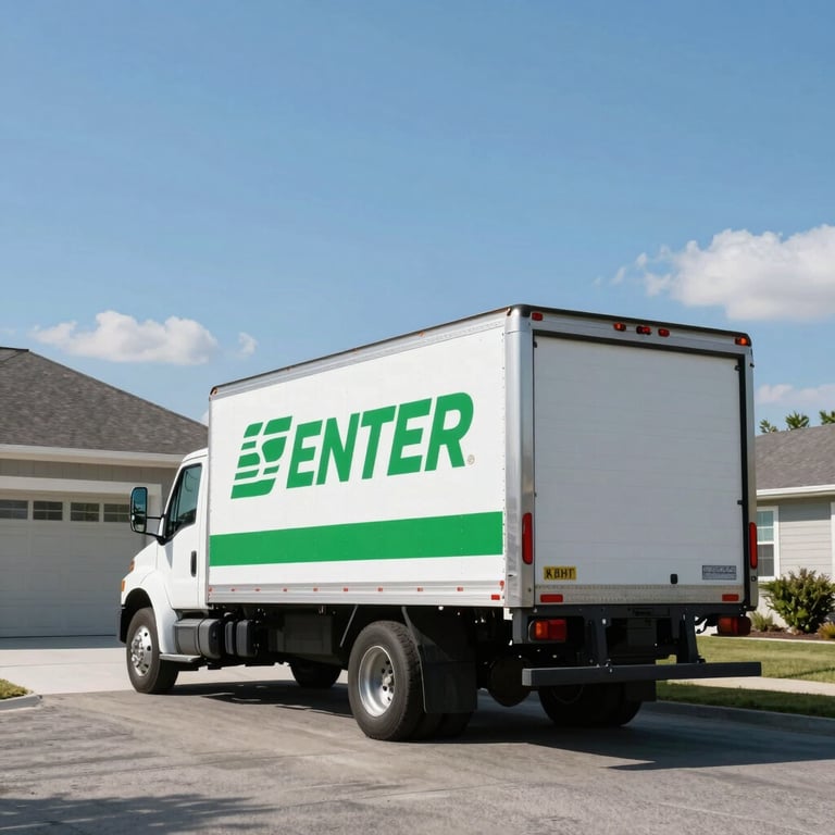 Professional shot of a white truck with green branding driving away from a perfectly clean house under a bright blue sky, North American / US.
