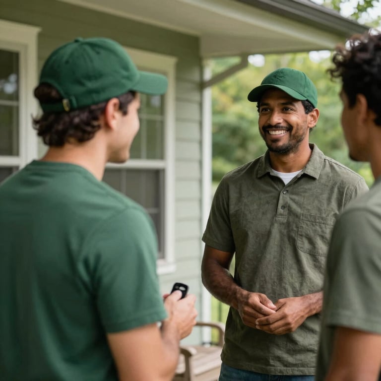 A friendly team member in a forest green cap chatting with a smiling North American / US homeowner on their front porch.