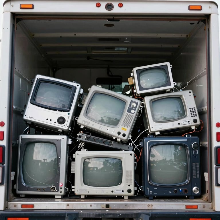 Close-up of a pile of old electronics being carefully loaded into a clean white junk removal truck, North American / US.